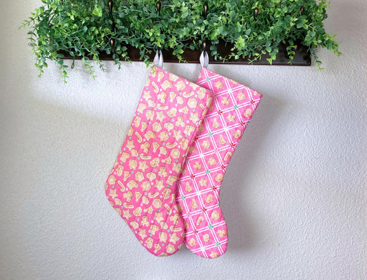 Pastel Pink Christmas Stocking | Cotton Quilted Soft | Pinkmas Kitchmas Wonderland | Gingerbread Cookies | Handmade Cotton Santa Sack