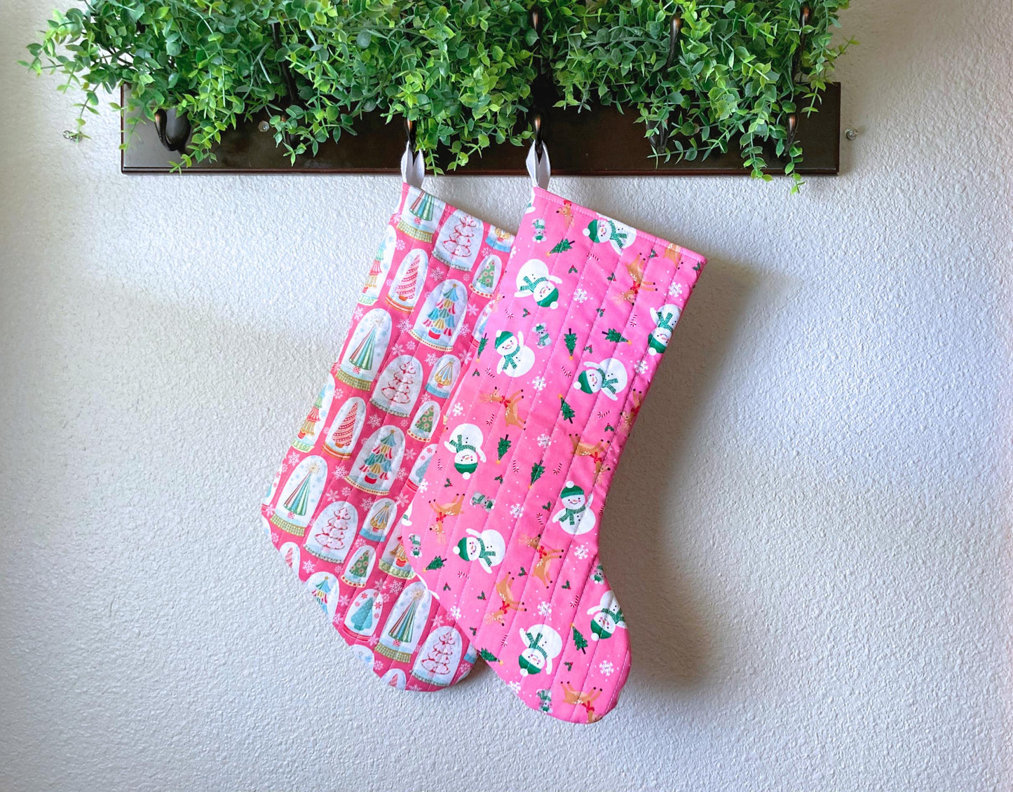 Pastel Pink Christmas Stocking | Cotton Quilted Soft | Pinkmas Kitchmas Wonderland | Snowglobe Snowmen Reindeer | Handmade Cotton Santa Sack