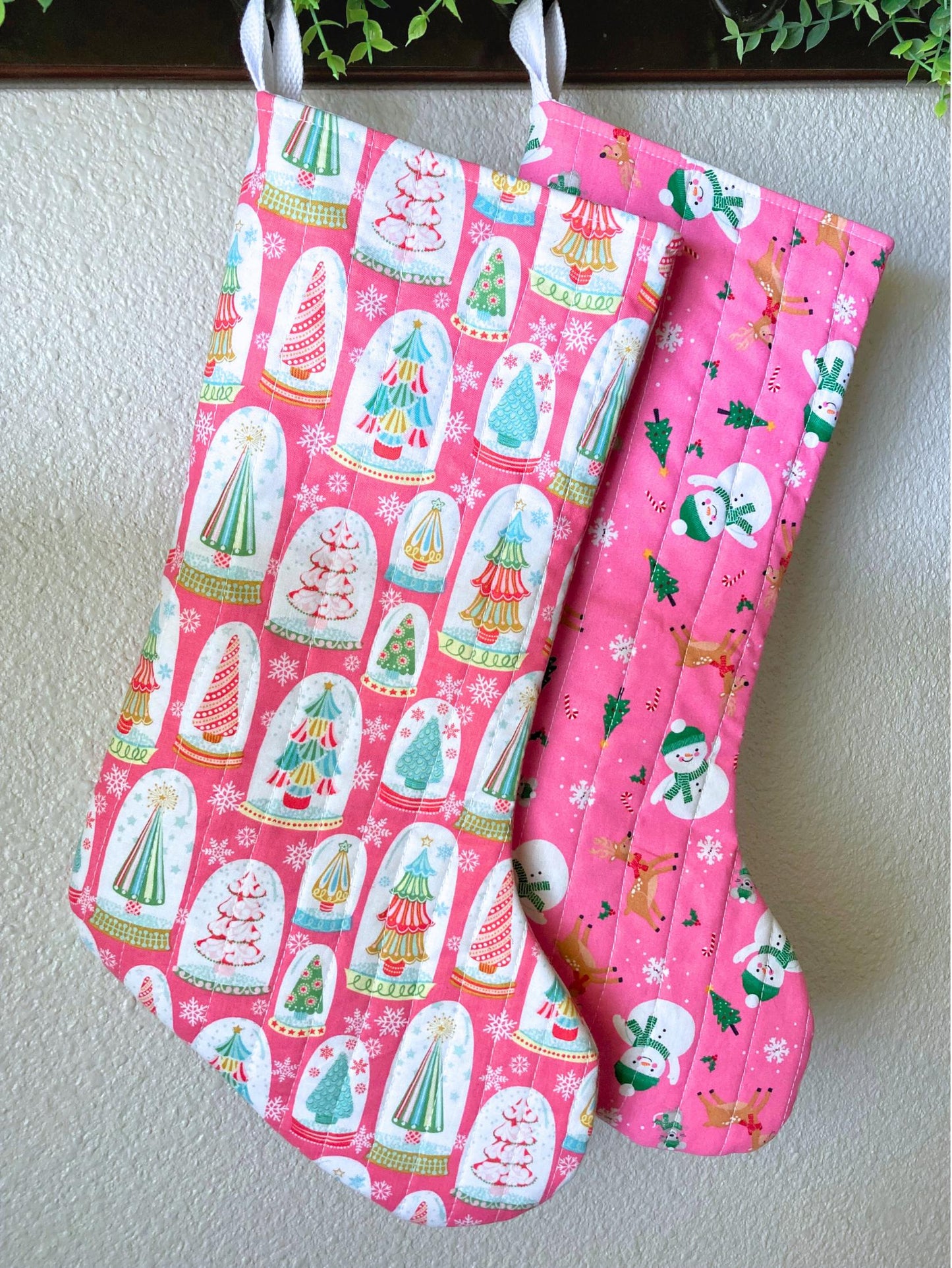 Pastel Pink Christmas Stocking | Cotton Quilted Soft | Pinkmas Kitchmas Wonderland | Snowglobe Snowmen Reindeer | Handmade Cotton Santa Sack