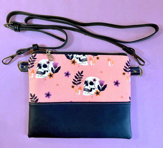 Pink Skulls and Mushrooms Crossbody Purse | Black Vegan Faux Leather