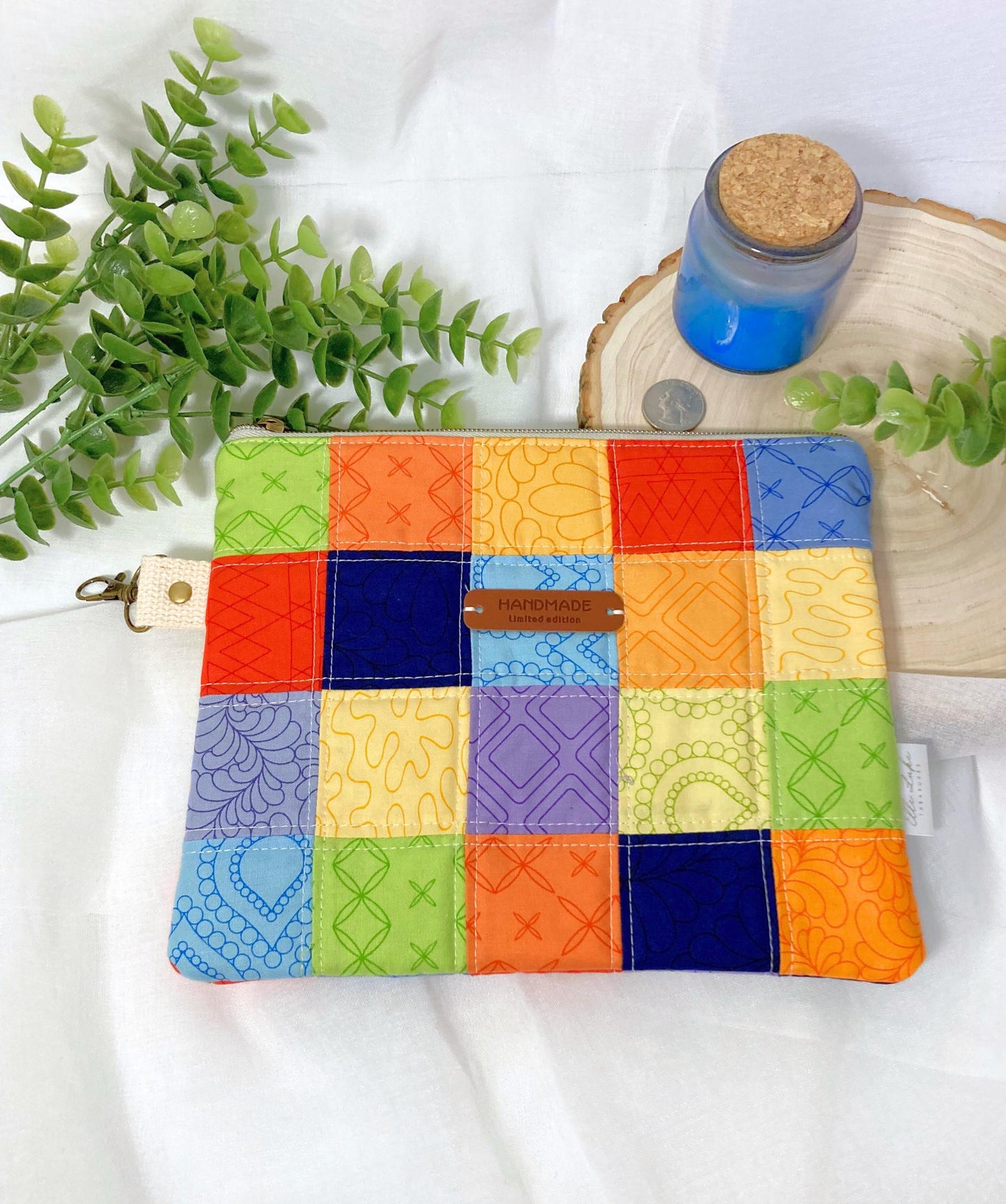 Patchwork Quilted Bag | Padded Patchwork Pouch Book Sleeve Make Up bag