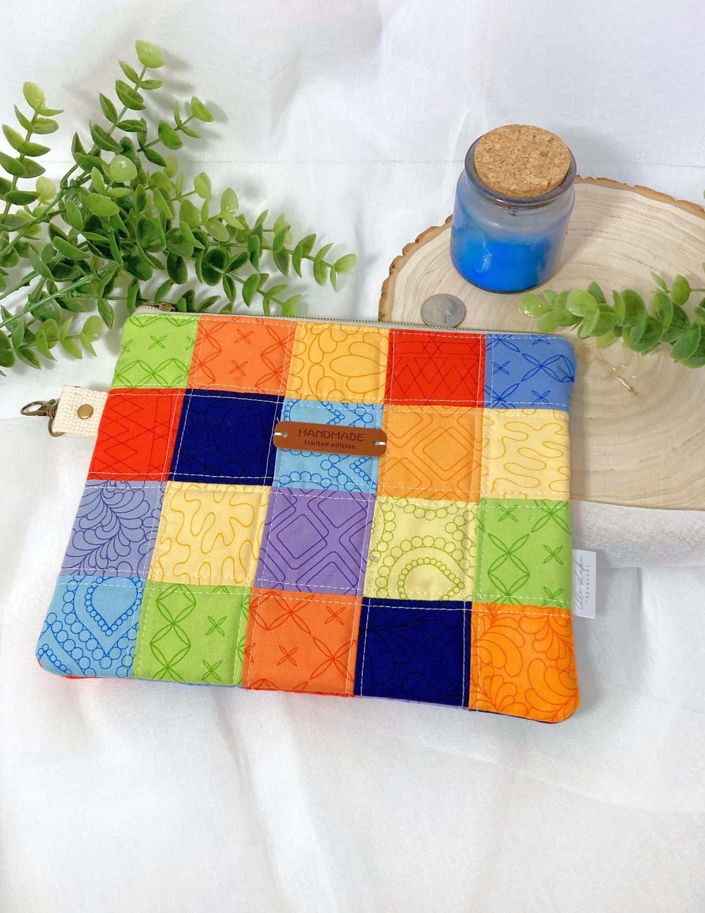 Patchwork Quilted Bag | Padded Patchwork Pouch Book Sleeve Make Up bag