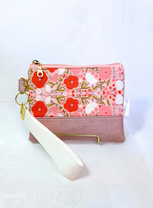 Pink Floral Wristlet Purse | Pink Shimmer Cork Fabric | Grab n Go Clutch Bag