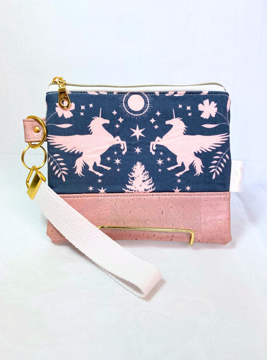 Pink Winged Unicorn Floral Wristlet Purse | Pink Shimmer Cork | Grab n Go Clutch Bag