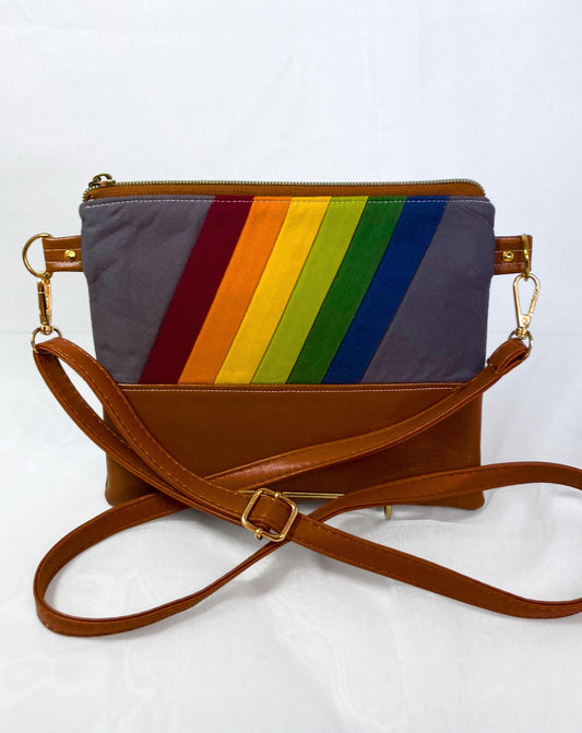 Retro Rainbow Crossbody Purse | Brown Vegan Leather