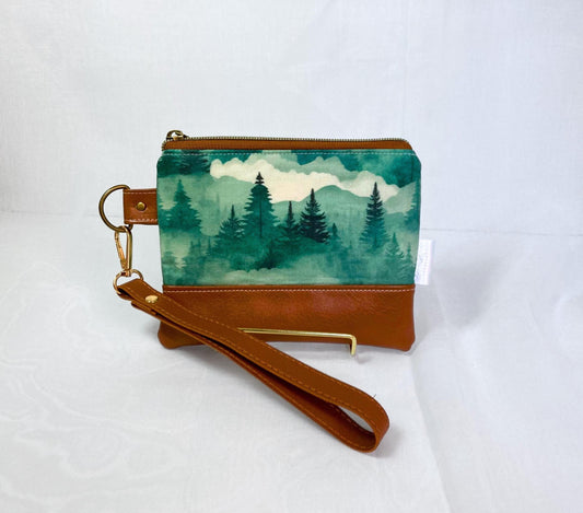 PNW Forest Wristlet Purse | Brown Vegan Leather | Grab n Go Clutch Bag