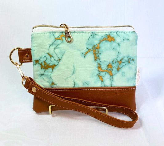 Green Gold Marbled Wristlet Purse | Brown Vegan Leather | Grab n Go Clutch Bag