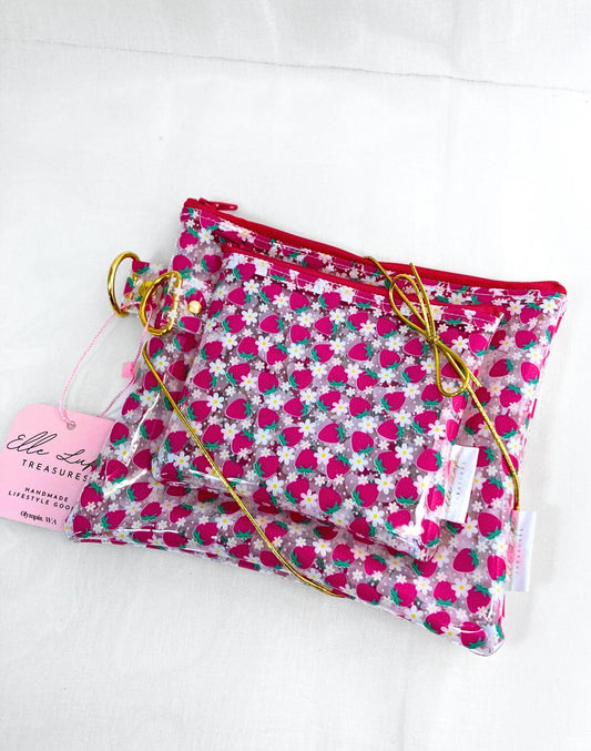 Clear Zipper Cosmetic Pouch 2 Piece Gift Set  | Coin Purse MakeUp Bag | Small Wallet Card Holder | Keychain Travel Organizer | Strawberry