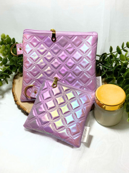 Zipper Cosmetic Pouch 2 Piece Gift Set | Coin Purse MakeUp Bag | Small Wallet Card Holder | Keychain Travel Organizer | Faux Quilted Shimmer